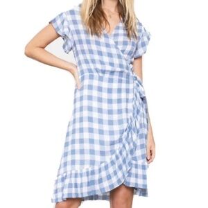 Rails Brigette Wrap Gingham Blue & White Ruffle Trim Dress SIZE XS